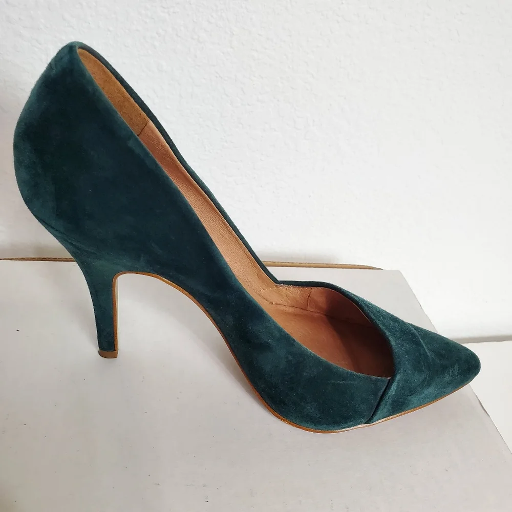 Madewell The Mira Suede Leather Pointed Toe Heel Pumps Shoes 6 1/2 Green Hunter - Picture 10 of 16